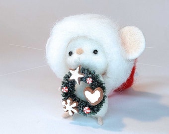 Needle Felted White Mouse with Christmas hat and wreath