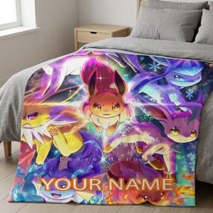 Eeveelution Heroes Custom Name Blanket, Colorful Eevee Evolution Fan Throw, Pokemon Anime Bedroom Gift, Personalized Room Decor