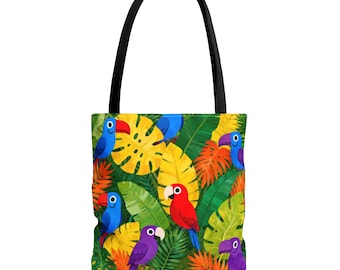 Tropical Parrot Pattern Tote Bag | Colorful Birds & Palm Leaves