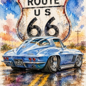 May include: Watercolor painting of a blue 1963 Corvette Sting Ray. The car is parked on a wet road with yellow lines, in front of a Route 66 sign. The sky is a mix of blue, purple, and orange.