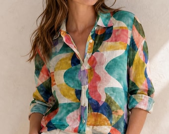 Übergroße Leinen-abstrakter Druck Damenbluse - lebendiges künstlerisches Langarm-Shirt mit Knöpfen für lässigen, schicken Stil