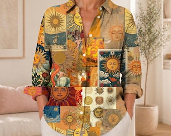 Vintage Boho Linen Women Blouse Shirt with Celestial Sun & Tarot Print, Oversized Folk Art Button-Up Summer Top