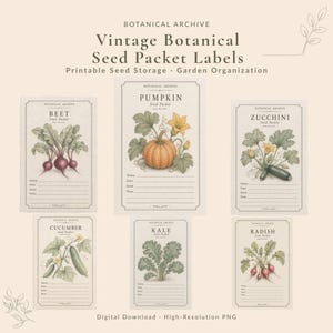 May include: A collection of six printable seed packet labels titled Botanical Archive. Each label features a vintage-style illustration of a vegetable including beet, pumpkin, zucchini, cucumber, kale, and radish with lines for variety, sown, and notes.