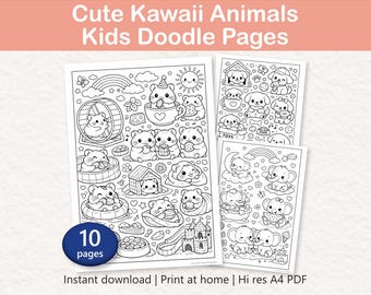 10-Page Kawaii Animals Doodle Coloring Pages | Kids Coloring Set (Digital Download PDF)
