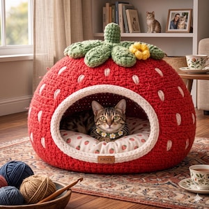 May include: A red crocheted cat bed shaped like a strawberry, with white seed details and green leaves. A cat is inside the bed, which has a white rim and a strawberry-patterned cushion. The bed is on a patterned rug.