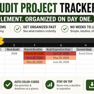 May include: A digital spreadsheet titled "SIMPLE AUDIT PROJECT TRACKER (EXCEL)" with a green and black design. The spreadsheet includes sections for audit location, deadlines, and expiration dates. Text includes "Easy to Implement" and "Start Tracking Today!"