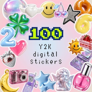 Digitala planeringsdekaler för år 2000-talet, set med 100 delar | Holografiska kromade klistermärken | GoodNotes förbeskurna PNG | Kawaii estetiska klistermärken