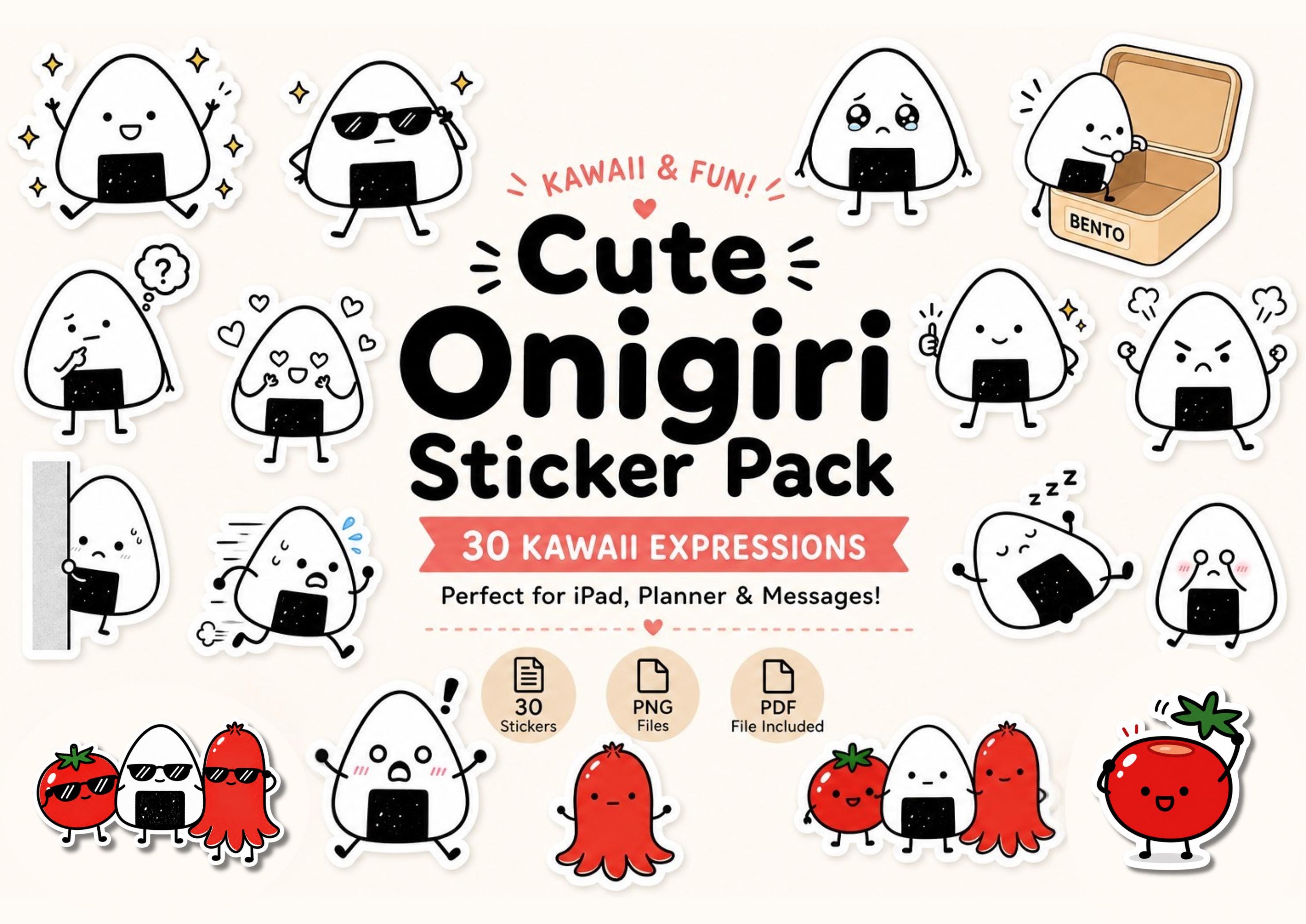 Cute Onigiri Sticker Pack | 30 Kawaii Food Stickers | Digital Planner ...