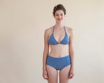 Denim Blue Bikini, Designer Swimwear, Triangle Top And High Waist Bikini, Flattering Bathing Suits
