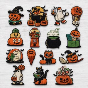 May include: A collection of fifteen embroidered Halloween-themed patches featuring various designs including jack-o'-lanterns, ghosts, black cats, a cauldron, a gumball machine, a tombstone, and a jack-in-the-box, all rendered in orange, black, and white.