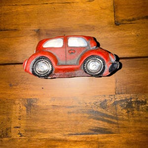 Vintage Red VW Beetle Ceramic Planter | Distressed Car Pot for Succulents