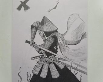 Opera d'arte anonima Ronin Samurai - Disegno a matita di grafite realizzato a mano, illustrazione di un guerriero giapponese