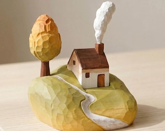 Decoração artesanal em madeira para casa de campo, escultura rústica de cabana, ornamento de mesa para relaxamento, presente em madeira entalhada no estilo cottagecore.