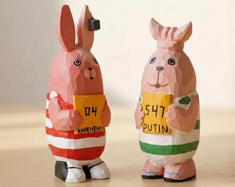 Estatuetas de coelho em madeira esculpidas à mão, decoração de prateleira com coelhos divertidos, ornamento de mesa estilo cottagecore