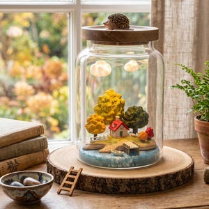 May include: A clear glass jar with a wooden lid topped by a small hedgehog figurine. Inside, a miniature landscape features a house, trees in autumn colors, a small boat, and a dock on a blue base. Two small white clouds hang inside the glass jar.