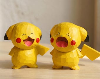 Estatueta de Pikachu de madeira feita à mão, decoração fofa de Pokémon, item colecionável com cauda giratória, versões rindo e chorando, brinquedo exclusivo para presentear.