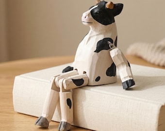 Figura de vaca de madera hecha a mano, adorno de escritorio rústico y original, escultura de animal articulada.