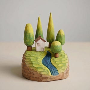 以下が含まれることがあります： 手彫りの木製彫刻。茶色の屋根を持つ小さな白い家と、高さの異なる5本の緑の木々が特徴です。青く塗られた小川が質感のある緑の風景の中を流れ、茶色の石の土台の上に設置されています。