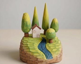 Escultura de madera hecha a mano de un pueblo forestal, decoración rústica de estilo cottagecore para escritorio, arte de paisaje en miniatura