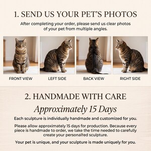 May include: An instructional graphic featuring four photos of a brown tabby cat from the front, left, back, and right sides. Text includes: 1. SEND US YOUR PET'S PHOTOS, FRONT VIEW, LEFT SIDE, BACK VIEW, RIGHT SIDE, 2. HANDMADE WITH CARE, Approximately 15 Days.
