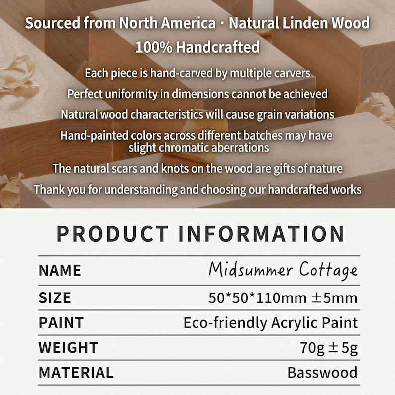 May include: A product information card for a Midsummer Cottage made of basswood. The text specifies it is sourced from North America, uses natural linden wood, is 100% handcrafted, and measures 50 by 50 by 110mm with a weight of 70g.