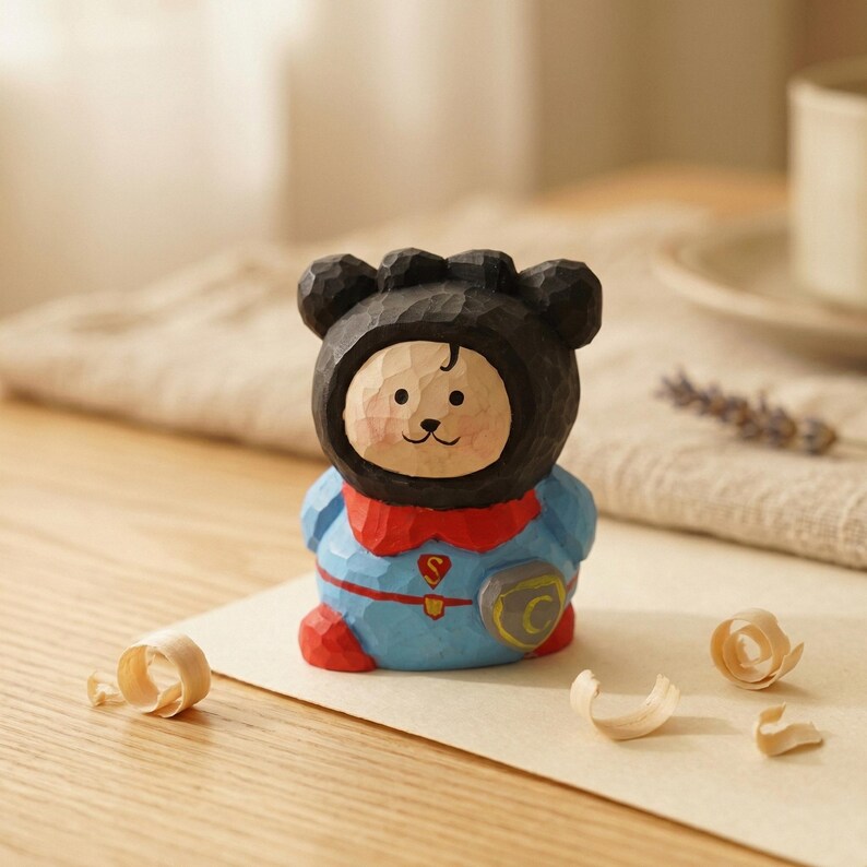 Puede incluir: Figura de madera tallada a mano de un personaje con forma de oso con un disfraz de superh&eacute;roe. La figura es principalmente azul, roja y negra, con un peque&ntilde;o emblema "S" en el pecho. El oso tiene una cara sonriente.