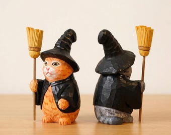 Estatueta de Gato Bruxo em Madeira Entalhada à Mão, Decoração Cottagecore de Halloween, Ornamento de Gato Preto em Madeira de Tília