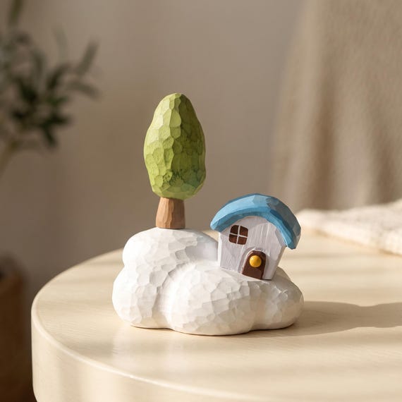 A hand-carved wooden treehouse perched on a magnetic cloud — the magnets keep it floating/balanced on your desk like a tiny piece of kinetic sculpture.