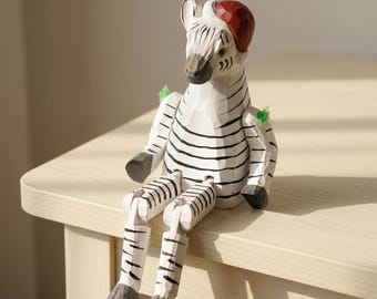 Zebra de madeira esculpida à mão para prateleira, decoração articulada de animal, brinquedo de arte popular