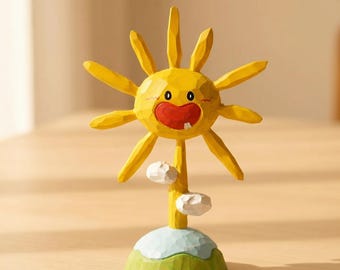 Estatueta de Sol em Madeira Entalhada à Mão, Escultura Radiante e Caprichosa, Decoração de Mesa Estilo Cottagecore