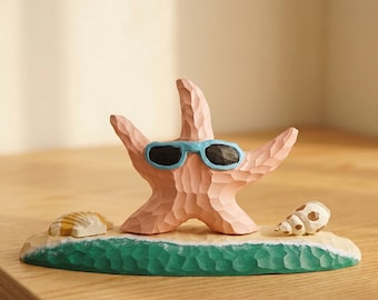 Estatueta de estrela-do-mar em madeira esculpida à mão, decoração de mesa com tema praiano, ornamento para óculos de sol.