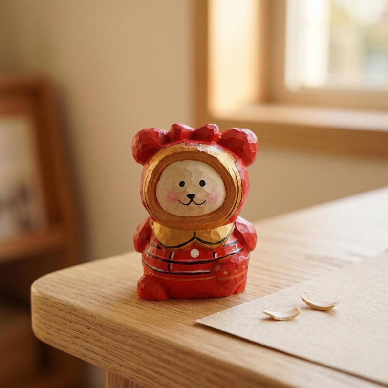 Puede incluir: Figurita de madera tallada a mano de un oso con un atuendo rojo con detalles dorados. El oso tiene una cara sonriente y est&aacute; de pie. La figurita est&aacute; sobre una superficie de madera.