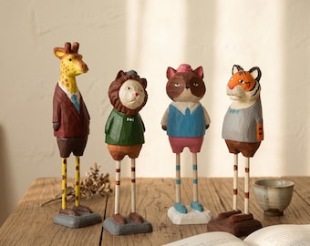 Figuritas de animales de madera hechas a mano, decoración de estante caprichosa, conjunto de esculturas de dibujos animados talladas a mano
