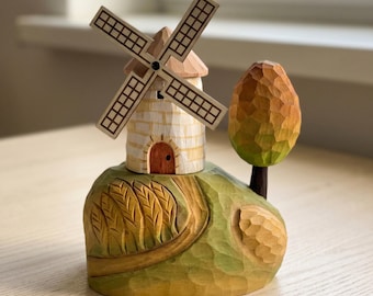 Estatueta de moinho de vento em madeira esculpida à mão, decoração de mesa estilo cottagecore, diorama de arte em madeira rústica.