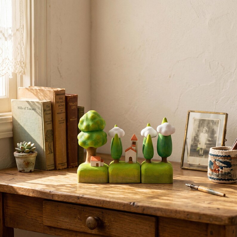 May include: A set of three wooden blocks featuring hand-painted green landscapes with miniature houses, trees, and white clouds. The blocks display a vibrant green base with detailed foliage and small structures, creating a cohesive scene.
