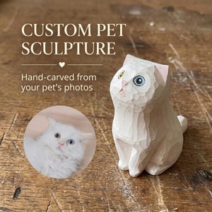 May include: A hand-carved wooden cat sculpture with a textured finish, featuring one yellow eye and one blue eye. The text CUSTOM PET SCULPTURE and Hand-carved from your pet's photos is visible, along with a circular photo of a white cat.