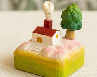 Escultura em miniatura de casa de campo em madeira de tília esculpida à mão: escultura rústica de árvore, decoração de mesa, arte gravada personalizada.