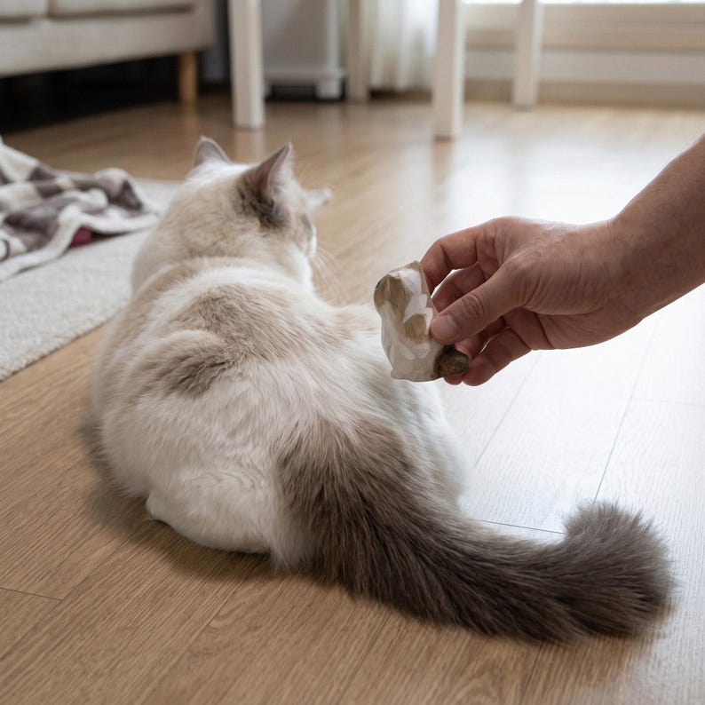 May include: A small, smooth, light-colored stone with brown and white marbled patterns held in a hand near the back of a white and tan cat. The stone has an irregular, rounded shape and a polished texture, contrasting with the soft fur of the cat.