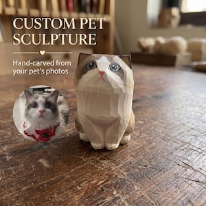 May include: A hand-carved wooden cat sculpture featuring brown and white markings, blue eyes, and a pink nose. The text CUSTOM PET SCULPTURE and Hand-carved from your pet's photos is visible, along with a circular inset photo of a cat wearing a red collar.