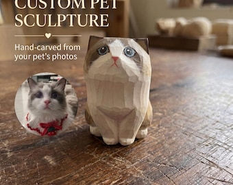 May include: A hand-carved wooden cat sculpture featuring brown and white markings, blue eyes, and a pink nose. The text CUSTOM PET SCULPTURE and Hand-carved from your pet's photos is visible, along with a circular inset photo of a cat wearing a red collar.