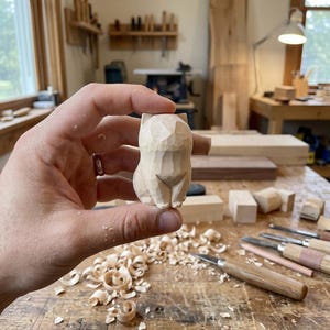May include: A small, light-colored wooden figurine carved into the shape of a seated cat. The surface of the wood displays visible, faceted chisel marks from the carving process, creating a geometric texture across the rounded form.