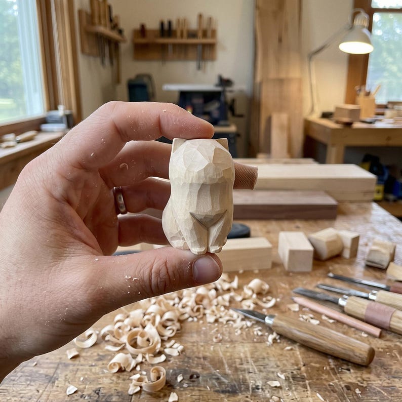 May include: A small, light-colored wooden figurine carved into the shape of a seated cat. The surface of the wood displays visible, faceted chisel marks from the carving process, creating a geometric texture across the rounded form.