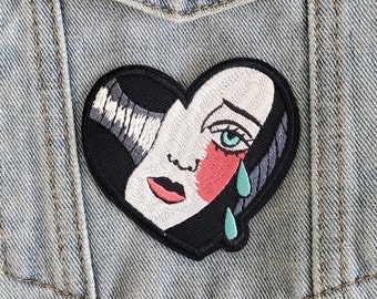 Cry Me A River // Heart DIY Embroidered Iron Sew On Patch Woman Crying Pop Art Trad Tattoo Style Aesthetic Goth Applique Craft Motif Gift x