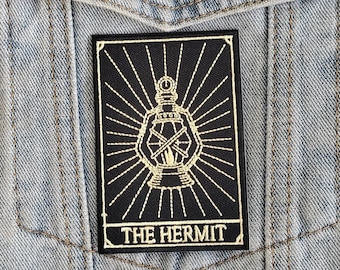 Introvert // The Hermit Tarot DIY Embroidered Iron Sew On Patch Badge Applique Gift Gothic Goth Lantern Cards Craft Motif Black For Jackets