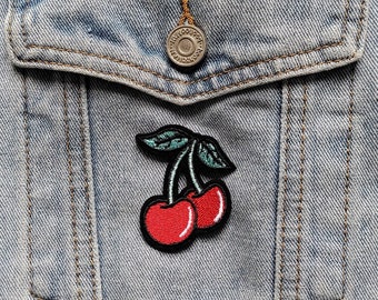 Juicy // Cute Cherry DIY Embroidered Iron Sew On Patch Applique Badge Aesthetic Red Fruit Gift Idea Cherries Craft For Jackets In The UK x