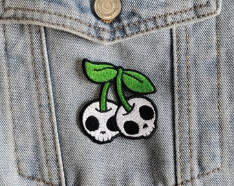 Creepy Fruit // Cute Cherry DIY Skull  Embroidered Iron Sew On Patch Applique Badge Gift Idea Cherries Craft Punk For Jackets In The UK Fun