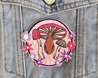 Fairy Field // DIY Cottagecore Iron Sew On Embroidered Patch Cute Badge Mushrooms Gift Idea For Her Patches For Jackets Aesthetic Craft Pink