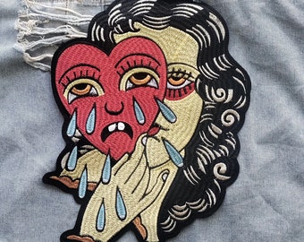 Enmascarado // Gran máscara de bricolaje Corazón llorando Hierro bordado Coser en la espalda Parche Regalo Artesanía Tatuaje Estética Punk Metal Aplique Motivo Mujer Reino Unido x