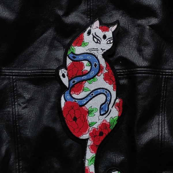 Faites attention à vos dos//Grand patch dos de chat brodé à faire soi-même en fer à coudre sur une applique serpent, fleurs roses, coquelicot, idée cadeau mignonne patchs britanniques pour vestes