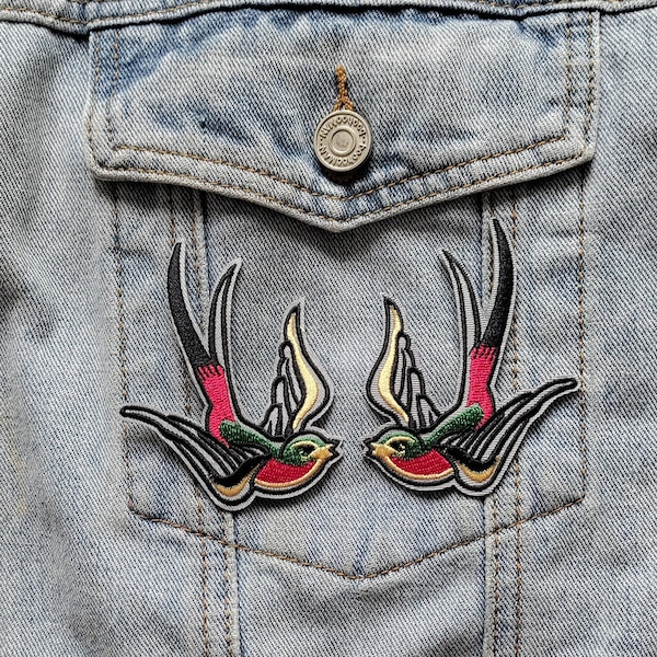 Twit-Two // Hirondelles, oiseaux, bricolage, colibri brodé, fer à coudre, motif appliqué, tatouage animal, ensemble artisanal pour vestes, Royaume-Uni